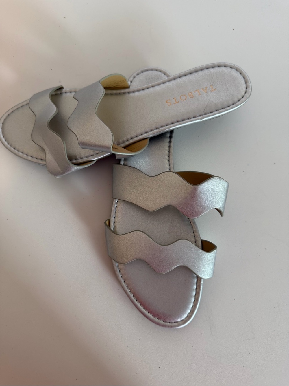 Talbots Metallic Silver Wavy Double-Strap Slide Sandals